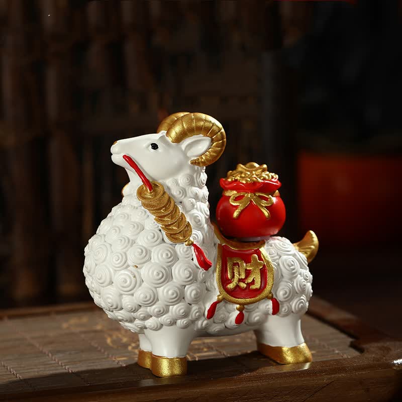 Buddha Stones Resin Prosperity Goat Sheep Fortune Bag Ingot Gourd Persimmon Desktop Ornament Cute Animal Decor - White- Fortune Bag - image 5