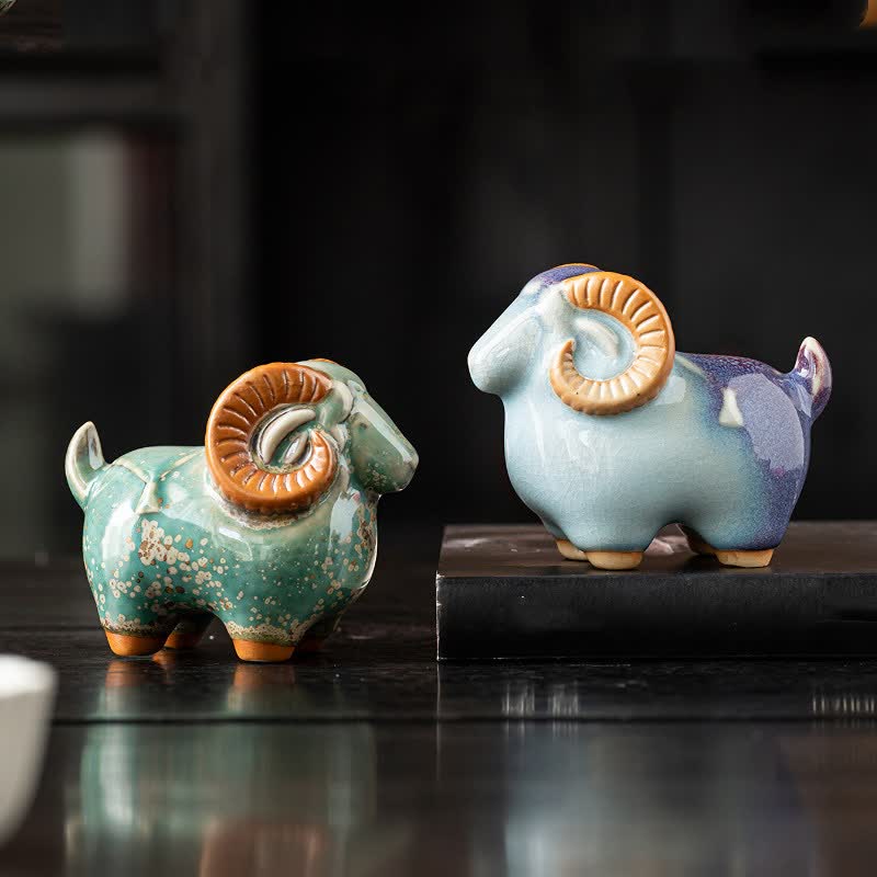 Buddha Stones Ceramic Auspicious Goat Ram Tabletop Cute Animal Decor - image 0