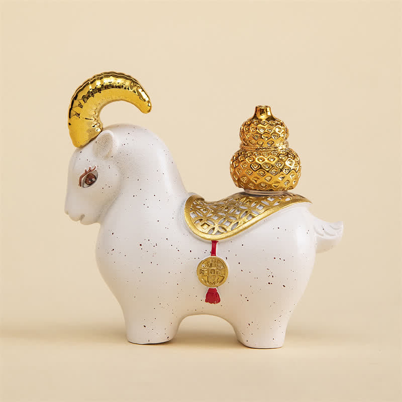 Buddha Stones Resin Zodiac Goat Sheep Prosperity Ingot Gourd Desk Accent Cute Animal Decor - White Goat Gourd - image 16