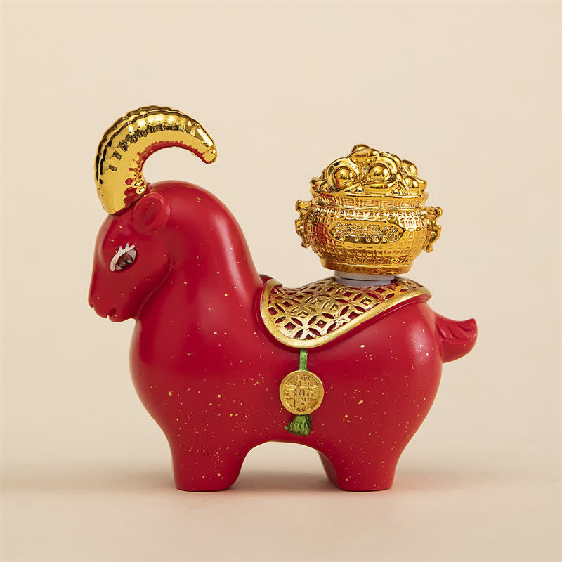 Buddha Stones Resin Zodiac Goat Sheep Prosperity Ingot Gourd Desk Accent Cute Animal Decor - Red Goat Ingot - image 1