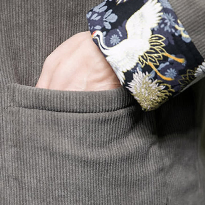 Buddha Stones Fall Winter Casual Tang Style Mandarin Collar White Crane Solid Men's Jacket With Pockets - image 11