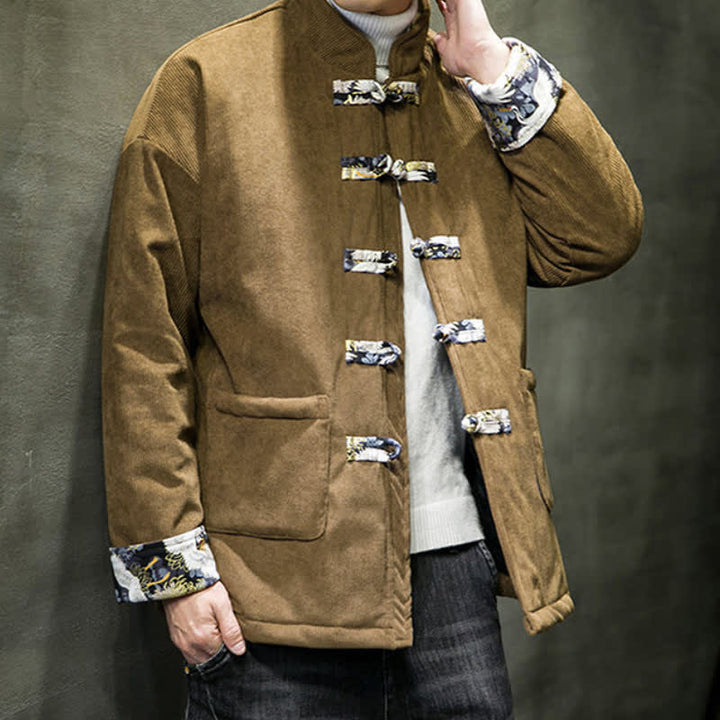 Buddha Stones Fall Winter Casual Tang Style Mandarin Collar White Crane Solid Men's Jacket With Pockets - image 14