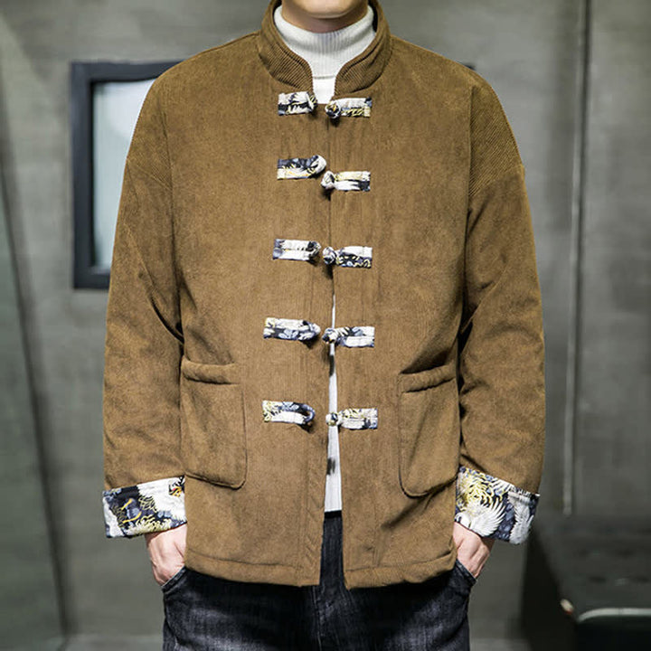 Buddha Stones Fall Winter Casual Tang Style Mandarin Collar White Crane Solid Men's Jacket With Pockets - image 18