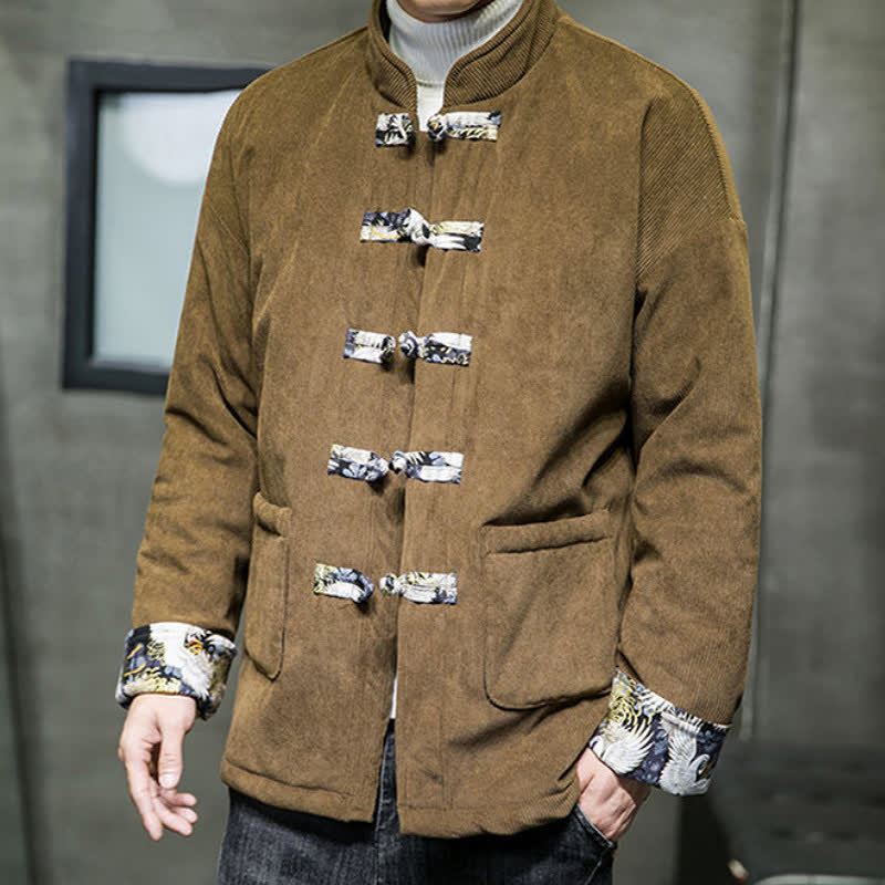 Buddha Stones Fall Winter Casual Tang Style Mandarin Collar White Crane Solid Men's Jacket With Pockets - image 16