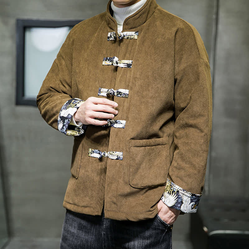 Buddha Stones Fall Winter Casual Tang Style Mandarin Collar White Crane Solid Men's Jacket With Pockets - image 20