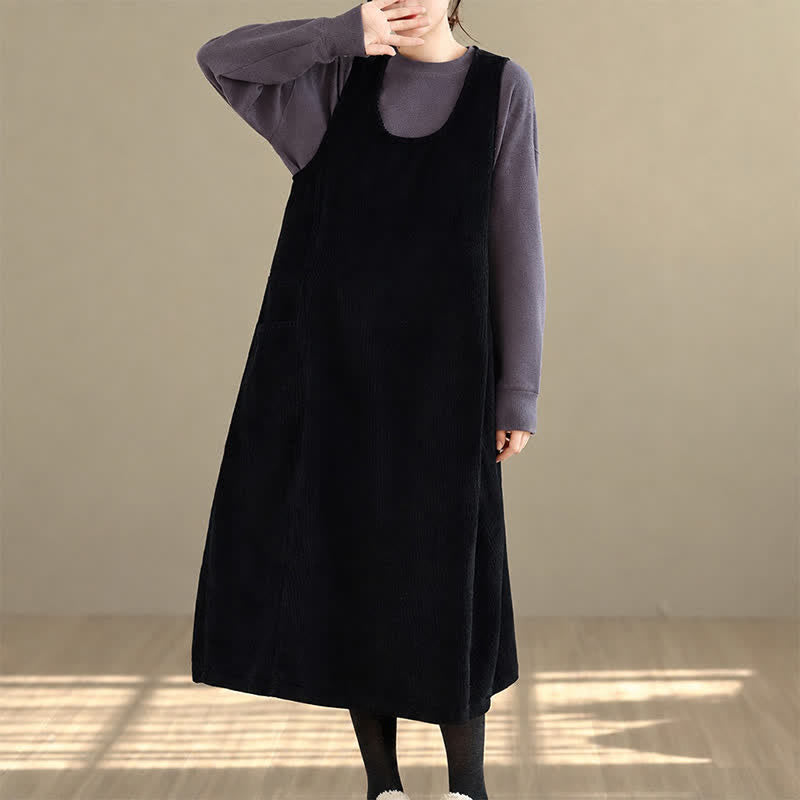 Buddha Stones Fall Winter Retro Simple Solid Corduroy Scoop Neck Women's Winter Sleeveless Dress With Pockets - image 12
