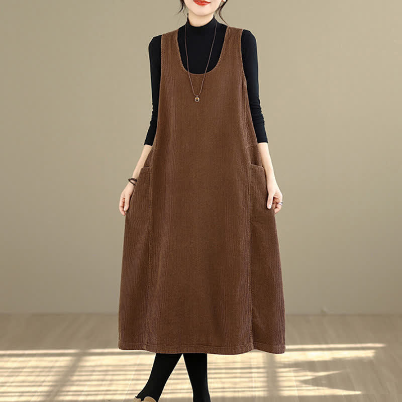 Buddha Stones Fall Winter Retro Simple Solid Corduroy Scoop Neck Women's Winter Sleeveless Dress With Pockets - Sienna - US8-10，UK/AU12-14，EU40-42 (2XL) - image 0