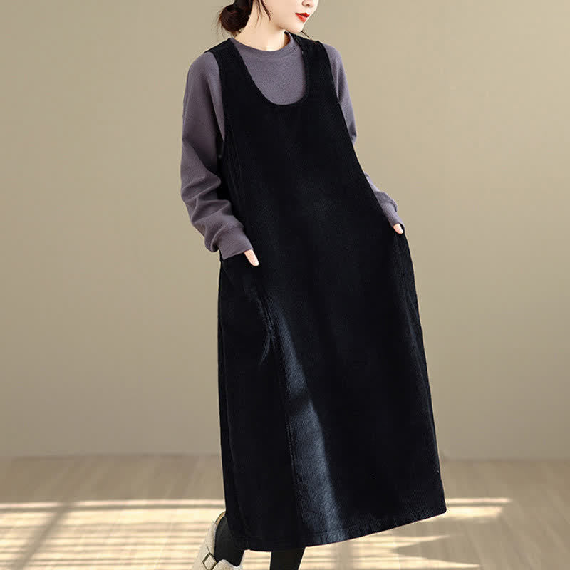 Buddha Stones Fall Winter Retro Simple Solid Corduroy Scoop Neck Women's Winter Sleeveless Dress With Pockets - image 14