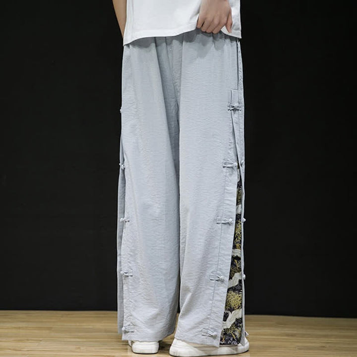 Buddha Stones Spring Summer Casual Tang Style Crane Side Slit Long Pants Men's Straight Leg Pants With Pockets - image 22