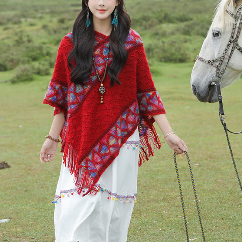 Buddha Stones Spring Fall Boho Geometric Fringe Knit V Hem Women's Shawl - Crimson - image 0