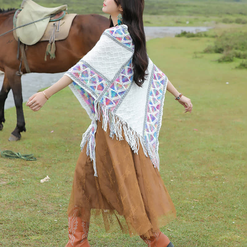 Buddha Stones Spring Fall Boho Geometric Fringe Knit V Hem Women's Shawl - image 19