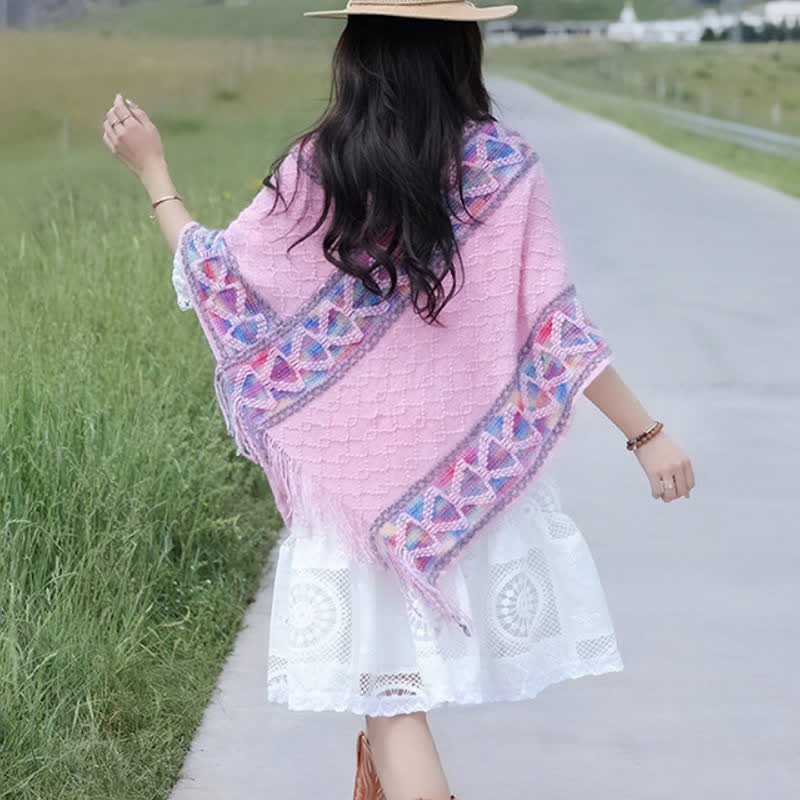 Buddha Stones Spring Fall Boho Geometric Fringe Knit V Hem Women's Shawl - image 30