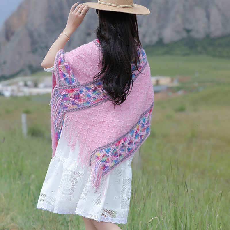 Buddha Stones Spring Fall Boho Geometric Fringe Knit V Hem Women's Shawl - image 32