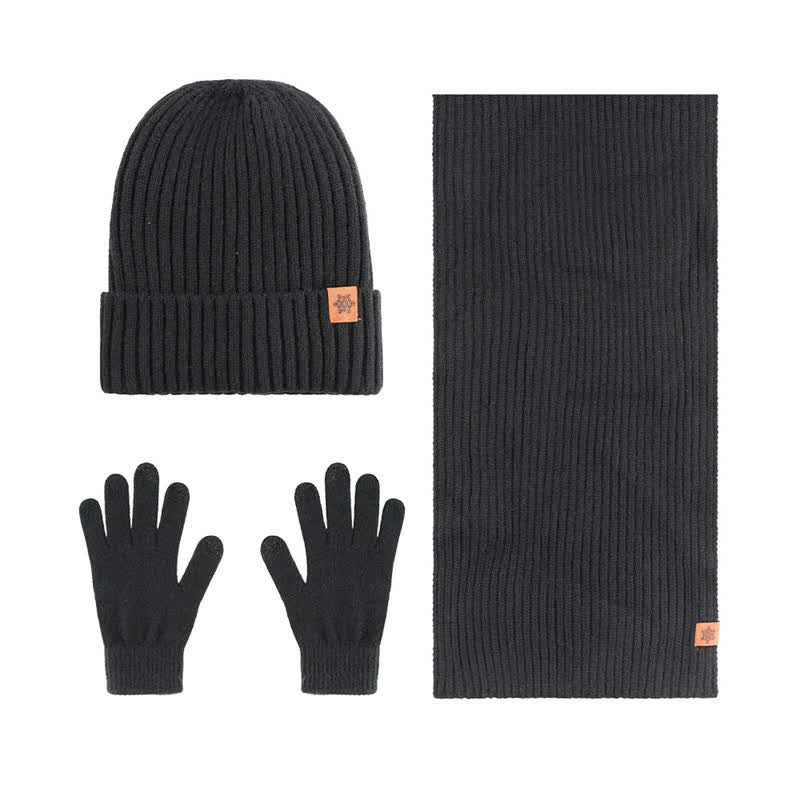 Buddha Stones 3Pcs Winter Ribbed Knit Matching Gift Set Men's Scarf Hat Gloves - 3Pcs Ribbed Black - image 0