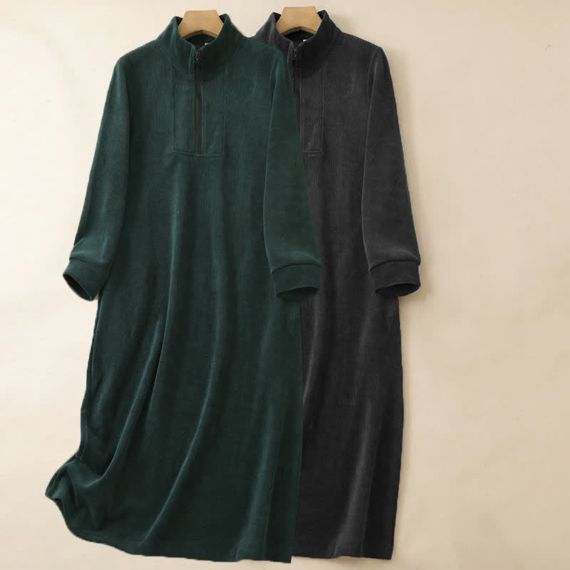 Buddha Stones Fall Winter Casual Tang Style Quarter Zip Solid Corduroy Women's Long Sleeve Dress With Pockets - image 21