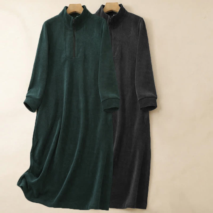 Buddha Stones Fall Winter Casual Tang Style Quarter Zip Solid Corduroy Women's Long Sleeve Dress With Pockets - image 21