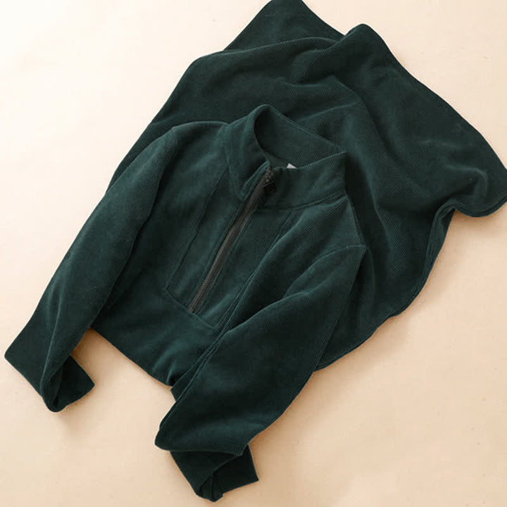 Buddha Stones Fall Winter Casual Tang Style Quarter Zip Solid Corduroy Women's Long Sleeve Dress With Pockets - image 2
