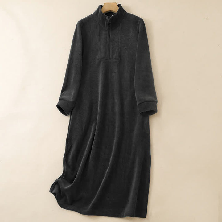 Buddha Stones Fall Winter Casual Tang Style Quarter Zip Solid Corduroy Women's Long Sleeve Dress With Pockets - Black - US8-10, UK/AU12-14, EU40-42 (2XL) - image 13