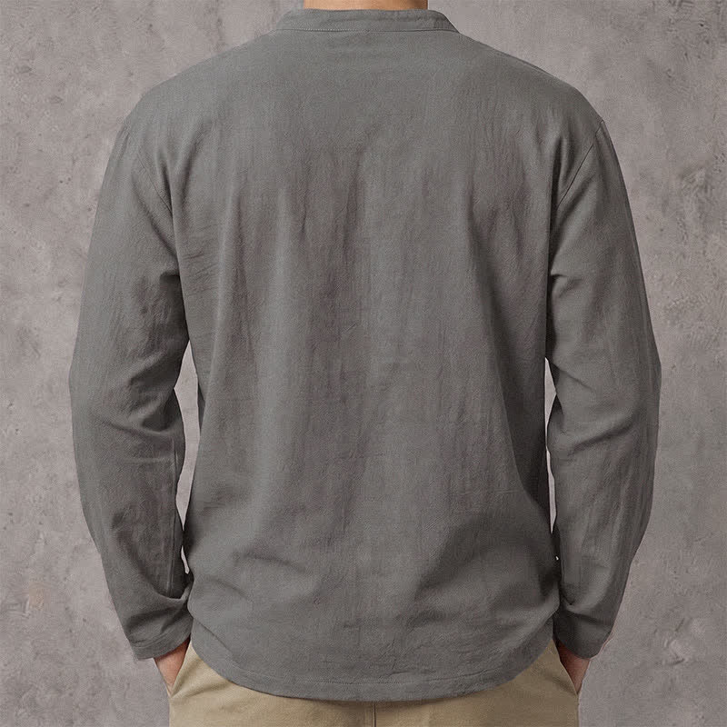 Buddha Stones Spring Fall Casual Drawstring Mandarin Collar Solid Men's Long Sleeve Shirts - image 20