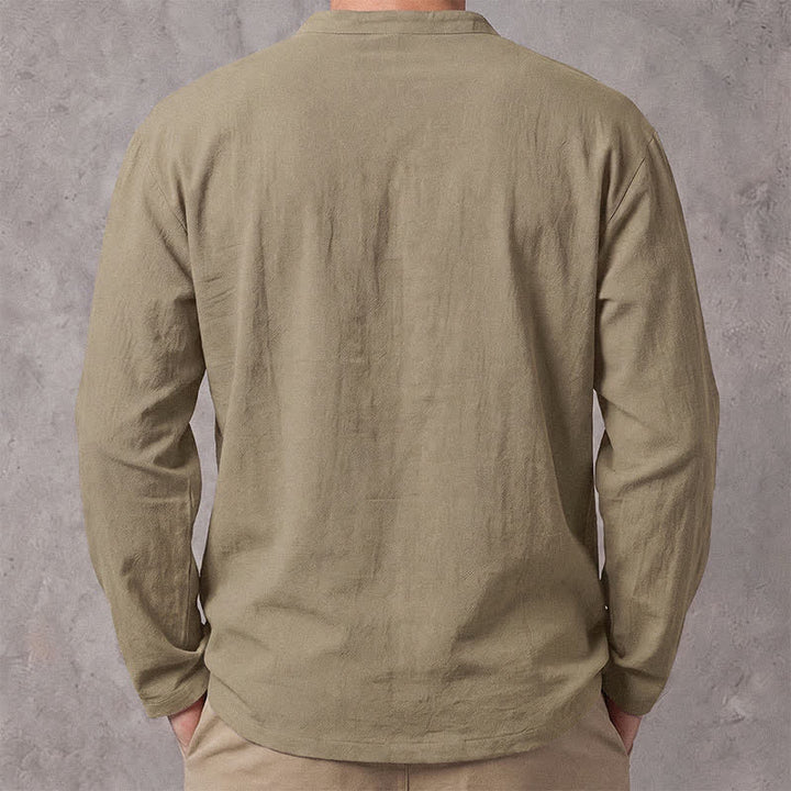 Buddha Stones Spring Fall Casual Drawstring Mandarin Collar Solid Men's Long Sleeve Shirts - image 11
