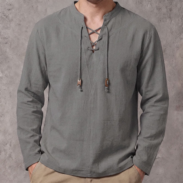 Buddha Stones Spring Fall Casual Drawstring Mandarin Collar Solid Men's Long Sleeve Shirts - Gray - US/UK/AU42, EU52 (3XL) - image 18
