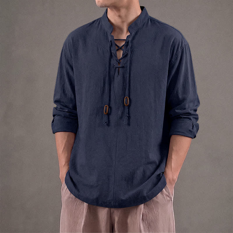 Buddha Stones Spring Fall Casual Drawstring Mandarin Collar Solid Men's Long Sleeve Shirts - image 1
