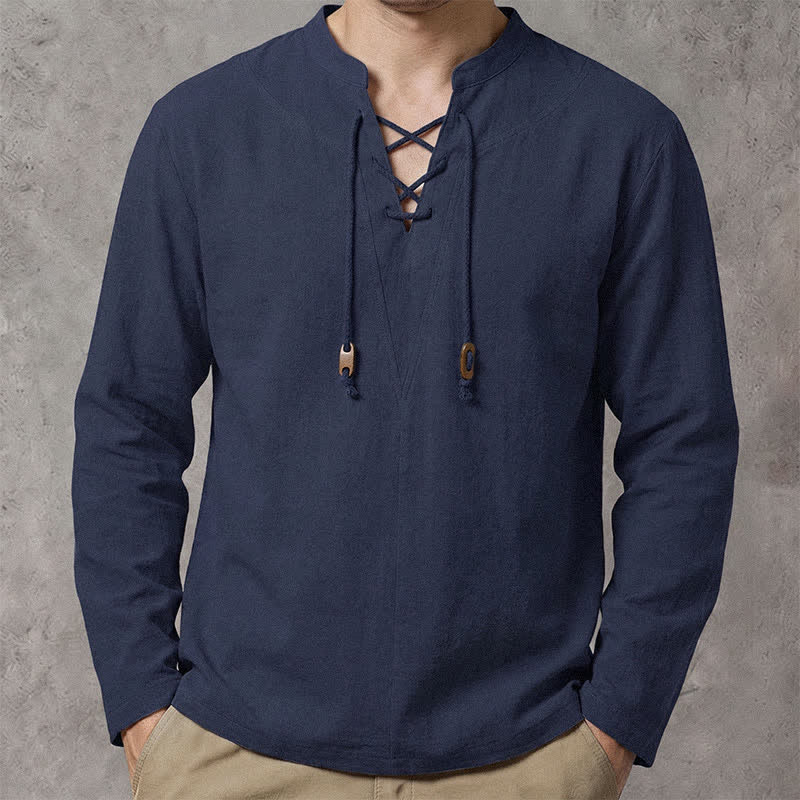 Buddha Stones Spring Fall Casual Drawstring Mandarin Collar Solid Men's Long Sleeve Shirts - Navy - US/UK/AU42, EU52 (3XL) - image 0