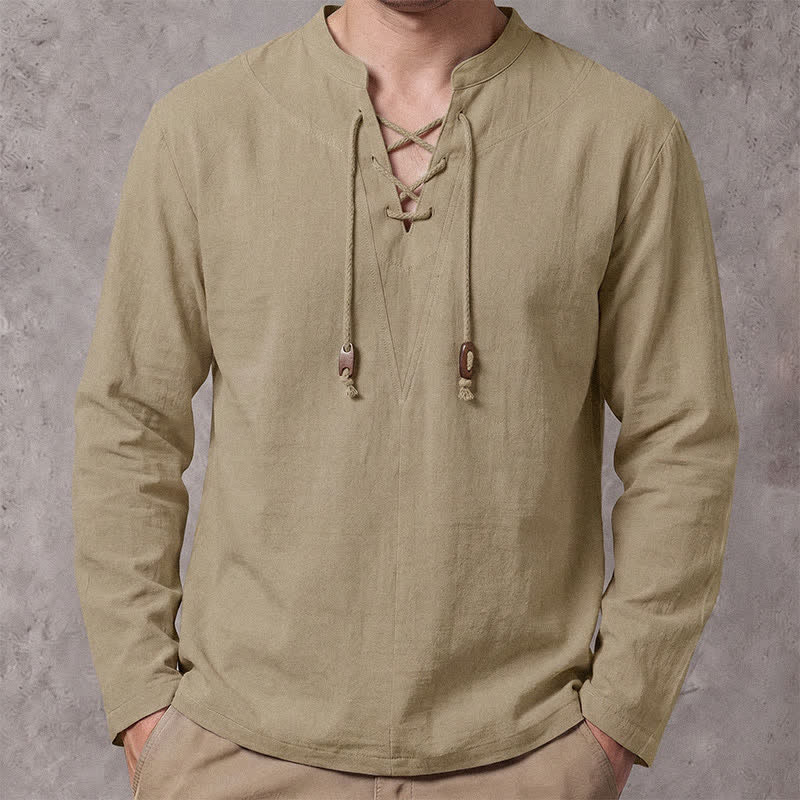 Buddha Stones Spring Fall Casual Drawstring Mandarin Collar Solid Men's Long Sleeve Shirts - Tan - US/UK/AU42, EU52 (3XL) - image 9