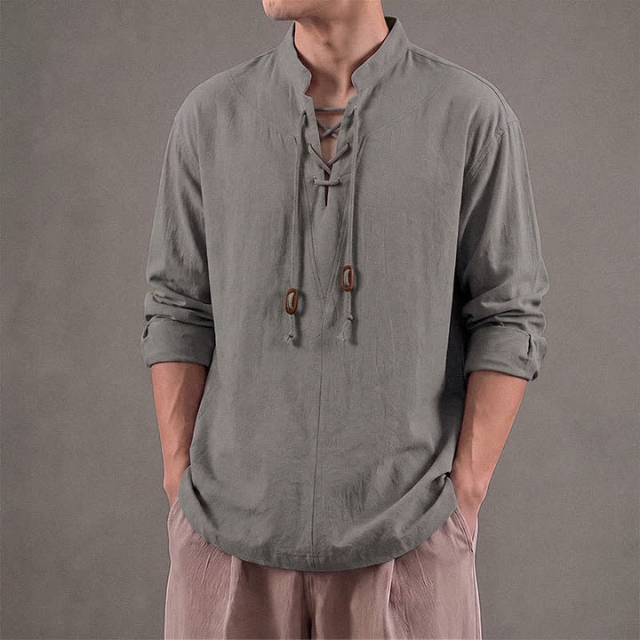 Buddha Stones Spring Fall Casual Drawstring Mandarin Collar Solid Men's Long Sleeve Shirts - image 19
