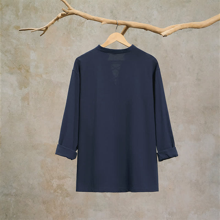 Buddha Stones Spring Fall Casual Drawstring Mandarin Collar Solid Men's Long Sleeve Shirts - image 4