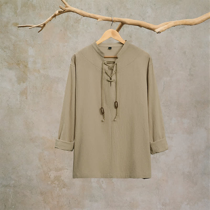 Buddha Stones Spring Fall Casual Drawstring Mandarin Collar Solid Men's Long Sleeve Shirts - image 12
