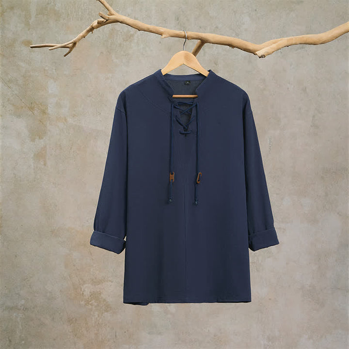 Buddha Stones Spring Fall Casual Drawstring Mandarin Collar Solid Men's Long Sleeve Shirts - image 3