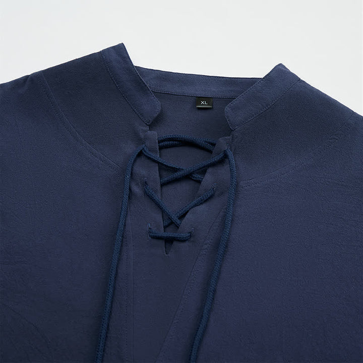 Buddha Stones Spring Fall Casual Drawstring Mandarin Collar Solid Men's Long Sleeve Shirts - image 5