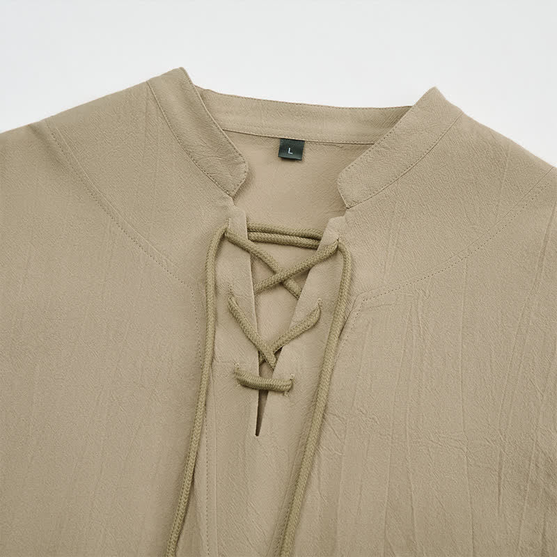 Buddha Stones Spring Fall Casual Drawstring Mandarin Collar Solid Men's Long Sleeve Shirts - image 14