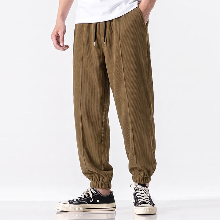 Buddha Stones Fall Winter Casual Drawstring Solid Corduroy Long Pants Men's Tapered Pants With Pockets - image 1