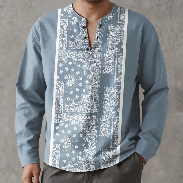 Buddha Stones Cotton Boho Paisley Stripe Pattern V-Neck Buttons Men's Long Sleeve Shirts - image 1