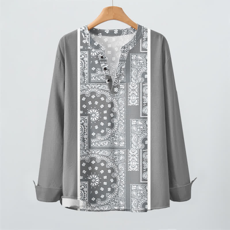 Buddha Stones Cotton Boho Paisley Stripe Pattern V-Neck Buttons Men's Long Sleeve Shirts - image 9