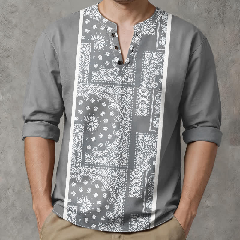 Buddha Stones Cotton Boho Paisley Stripe Pattern V-Neck Buttons Men's Long Sleeve Shirts - Gray - US/UK/AU48，EU58 (4XL) - image 7