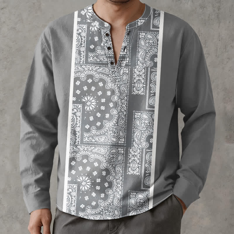 Buddha Stones Cotton Boho Paisley Stripe Pattern V-Neck Buttons Men's Long Sleeve Shirts - image 8