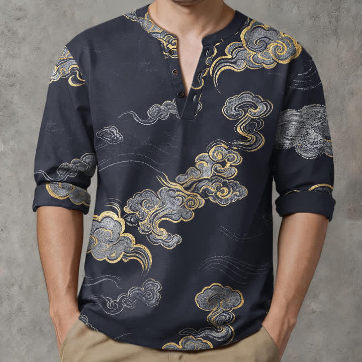Buddha Stones Cotton Oriental Cloud Pattern V-Neck Buttons Men's Long Sleeve Shirts - Black - US/UK/AU48，EU58 (4XL) - image 0