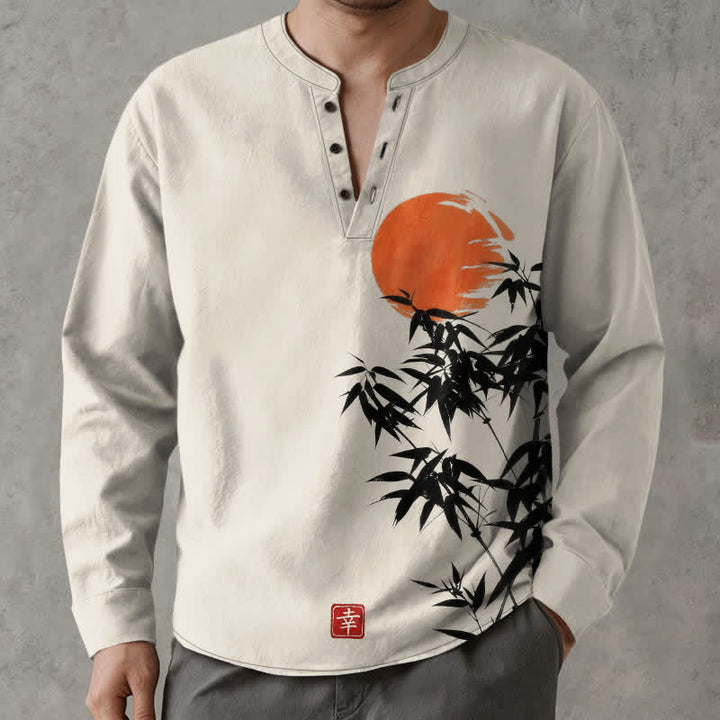 Buddha Stones Cotton Ink Bamboo Sun Pattern V-Neck Buttons Men's Long Sleeve Shirts - Linen - US/UK/AU48，EU58 (4XL) - image 0