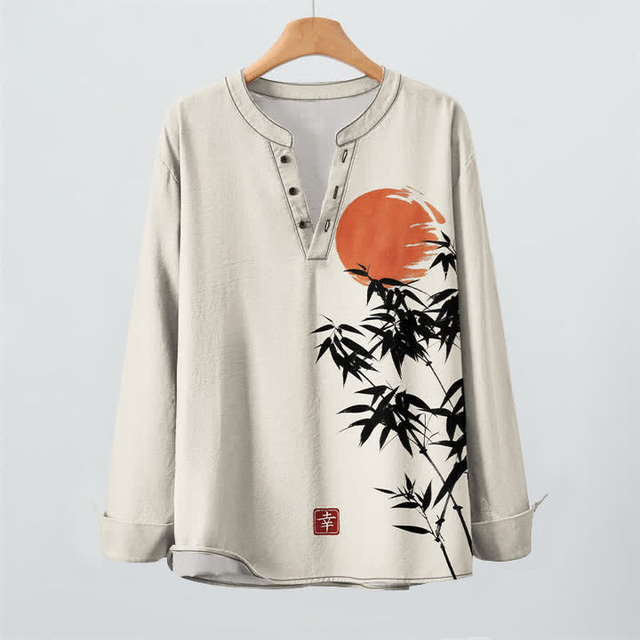 Buddha Stones Cotton Ink Bamboo Sun Pattern V-Neck Buttons Men's Long Sleeve Shirts - image 2