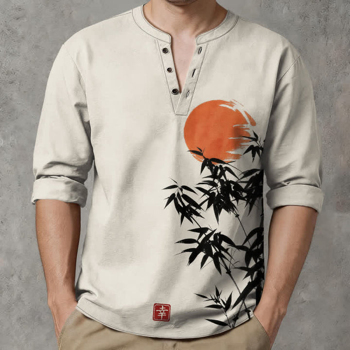 Buddha Stones Cotton Ink Bamboo Sun Pattern V-Neck Buttons Men's Long Sleeve Shirts - image 1