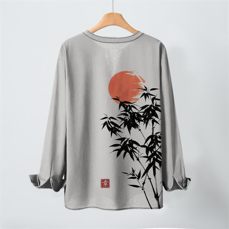 Buddha Stones Cotton Ink Bamboo Sun Pattern V-Neck Buttons Men's Long Sleeve Shirts - image 10