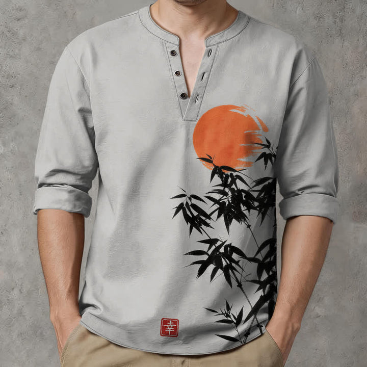 Buddha Stones Cotton Ink Bamboo Sun Pattern V-Neck Buttons Men's Long Sleeve Shirts - image 8