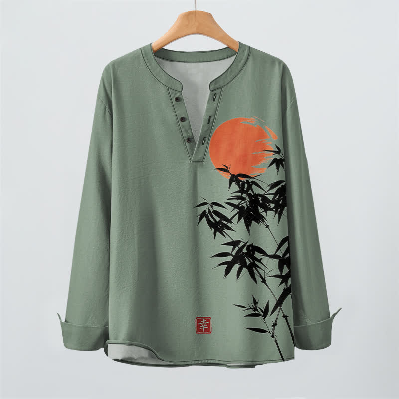 Buddha Stones Cotton Ink Bamboo Sun Pattern V-Neck Buttons Men's Long Sleeve Shirts - image 16