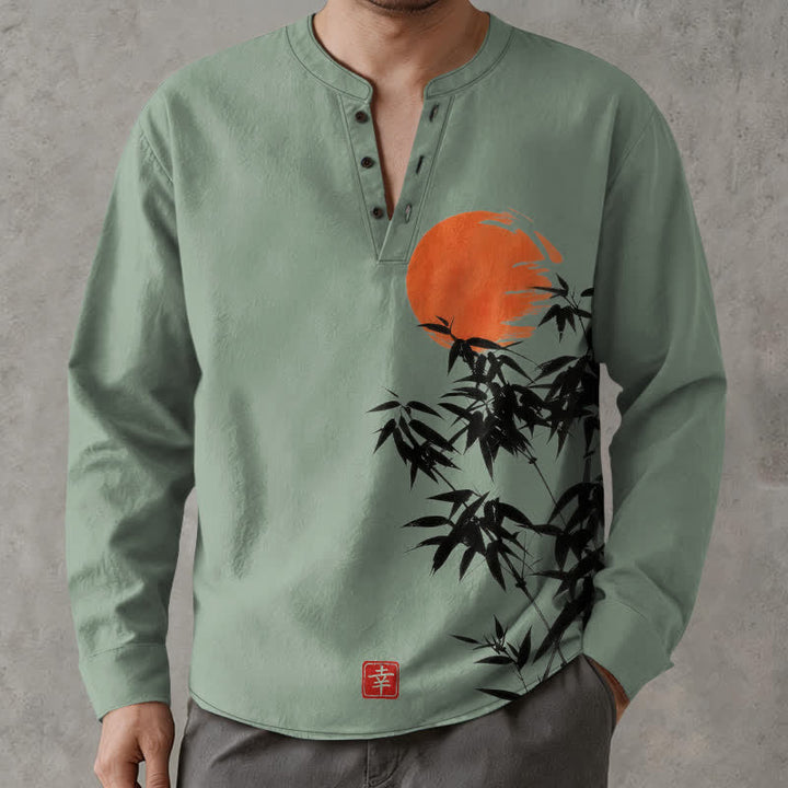 Buddha Stones Cotton Ink Bamboo Sun Pattern V-Neck Buttons Men's Long Sleeve Shirts - MediumSeaGreen - US/UK/AU48，EU58 (4XL) - image 14
