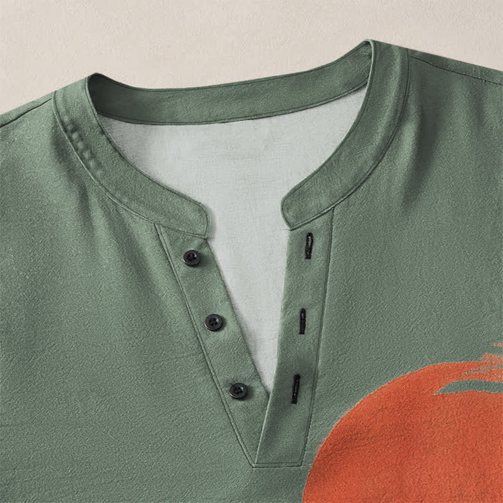 Buddha Stones Cotton Ink Bamboo Sun Pattern V-Neck Buttons Men's Long Sleeve Shirts - image 18