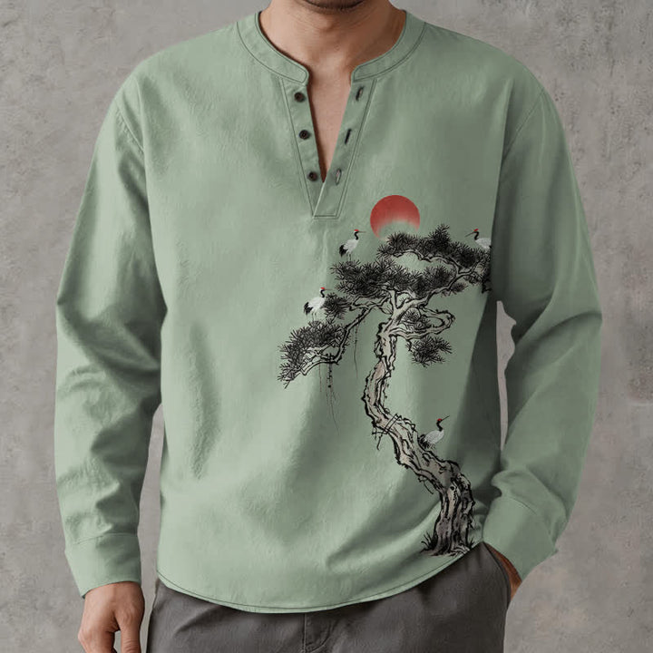 Buddha Stones Cotton Ink Pine Red Sun Birds Pattern V-Neck Buttons Men's Long Sleeve Shirts - image 8