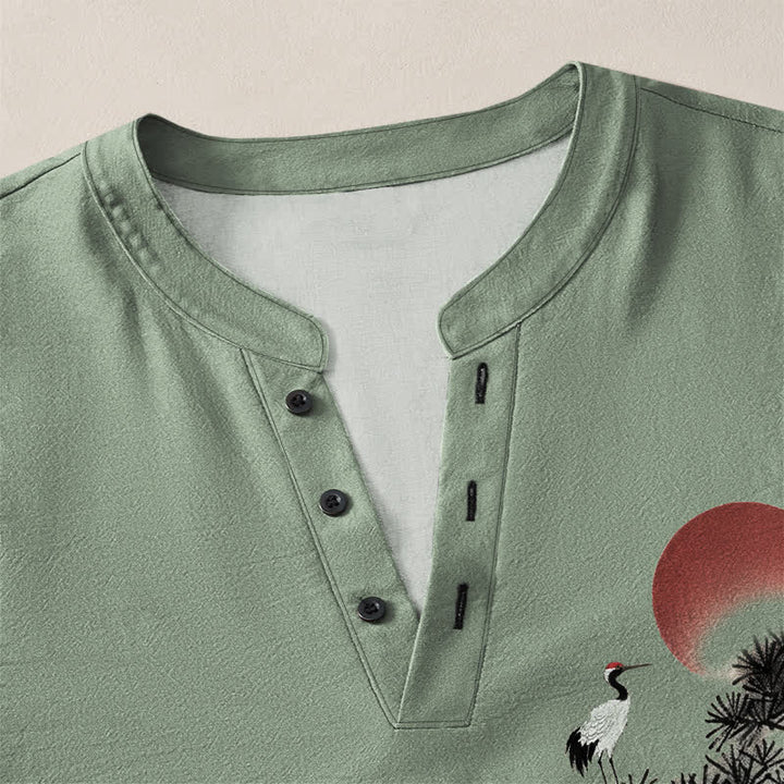 Buddha Stones Cotton Ink Pine Red Sun Birds Pattern V-Neck Buttons Men's Long Sleeve Shirts - image 11